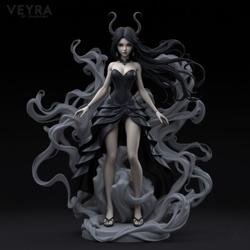 Create character hero Veyra of Shadows – A lithe, mysterious woman draped in layered black silks that move like smoke around her. With jet-black hair. Show her whole body head to toe including her shoes.