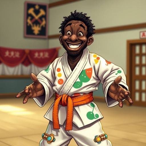 Create a character who looks like a funny African karate guy who doesn’t have a clue what he is doing. Make him have weird toes