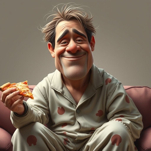Create a adult humor character who is lazy as heck. And you could tell from his face and his entire outfit. Make is funny and the style of the graphic photographic
