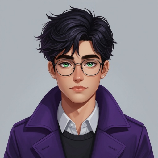 Male 17-year old Dark hair with greenish bluish eyes wears purple longcoat glasses slightly chubby cheeks