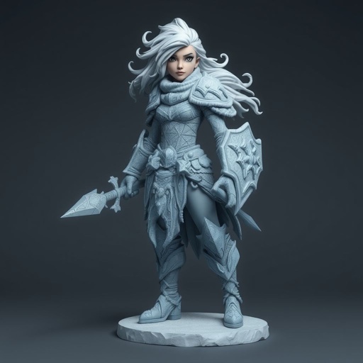 Create a battle woman hero called Alvara the Frostheart. Show full body head to toe including shoes