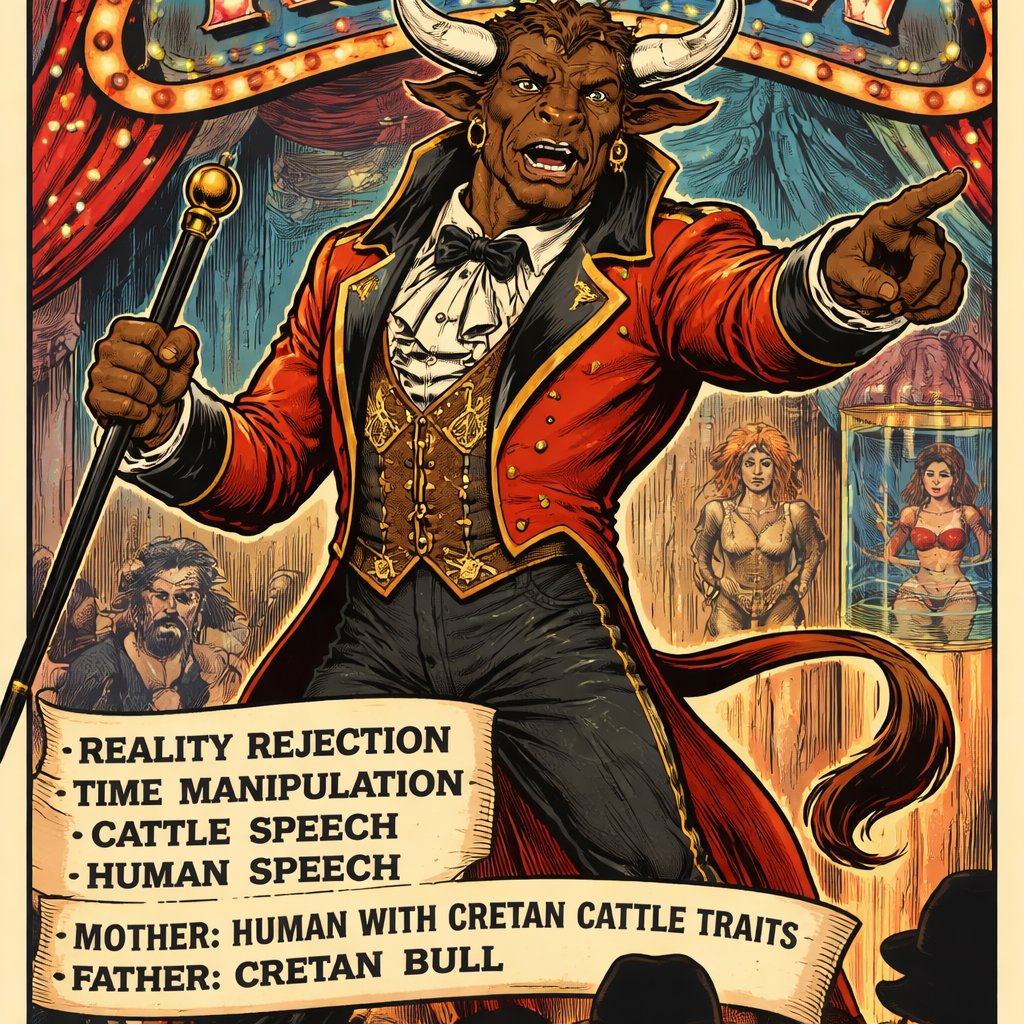 A male chestnut brown Minotaur with deep set cattle like brown eyes, large powerful gleaming horns like his fathers, a well~proportioned figure/body at lest 6 foot tall, long tail. He works at freak show as the ringmaster and his abilities are Reality Rejection, Time Manipulation (Chronokineses), Zoolingualism (Language of Cattle only), Human Speech. His mother is a human with half-animal (Cretan Cattle) physiology and his father is a Cretan Bull.