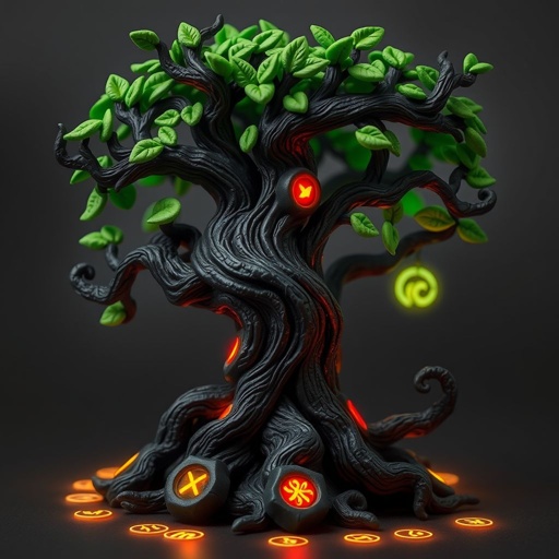 Give me a image of a fantasy dark magic tree, with roots in the bottom
