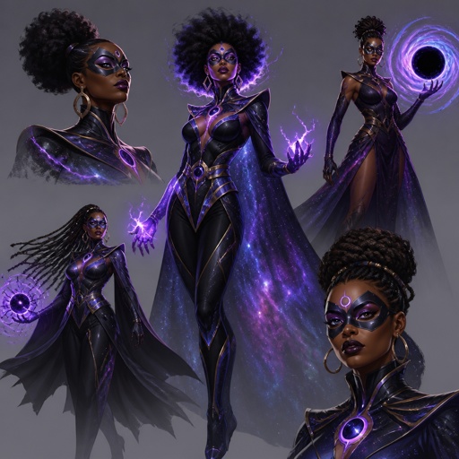 Female Villain with galaxy abilities, mask, African American, multiple of the same character 