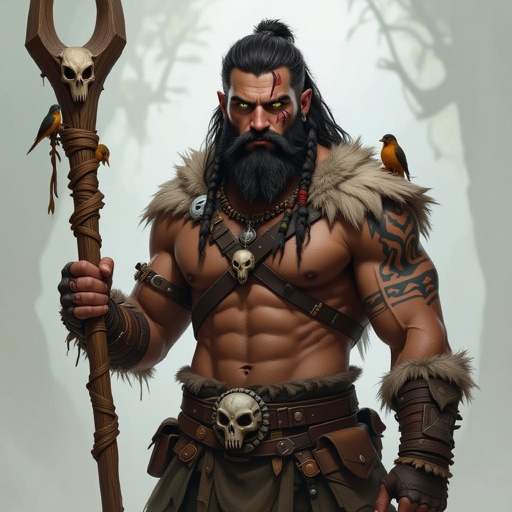 Kael the Beastbound – A rugged, broad-shouldered man with black skin and a rough beard, wearing armor made from bone and leather. deep green eyes tattoos of animal tracks spiral down his arms. He carries a massive wooden staff carved with the shapes of beasts, and small creatures often perch on his shoulders or follow at his feet.