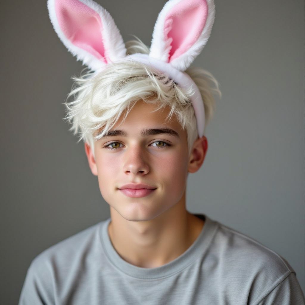 Hot teenage boy with white hair and bunny ears 