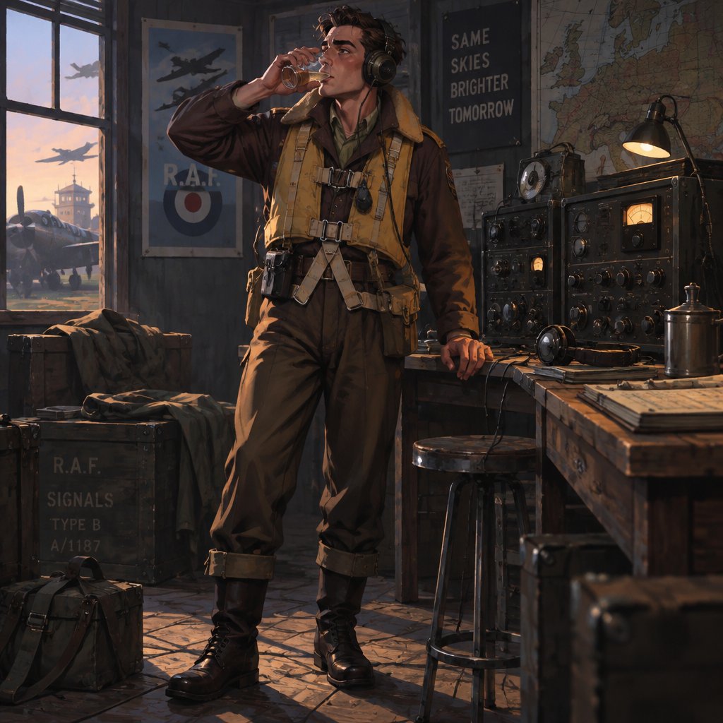 Full body, with multiple variations of Man who was twenty-eight in 1945 and is still twenty-eight. Period flight gear that has not had seventy-four years. Headset, stands at a radio like it might still be 6 p.m. Thirst is the tell — he drinks before he is interesting. Not a ghost costume. Fortiche painted, 1940s aviation clothing in modern light.