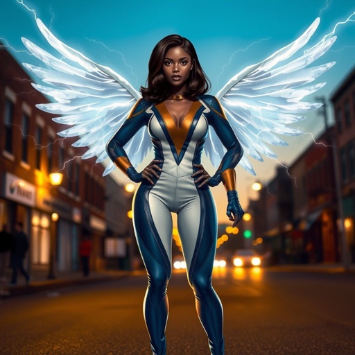 African American female superhero with shoulder length hair in a side part style and wings made of white lightning wearing a slightly homemade  white blue and black suit with black pants with a stylized V as her chest emblem wearing blue flat boots made of gold standing in Philadelphia at dusk