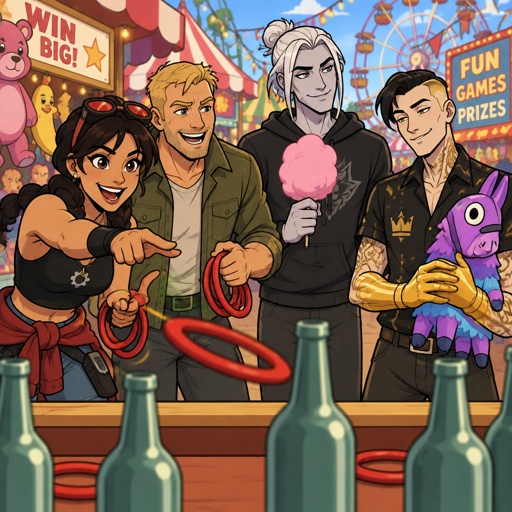 Jules from Fortnite, Jones from Fortnite stubble , Kado Thorne from Fortnite pale and tan white hair medium length back hair bun, Midas from Fortnite, all at a fair, playing fair games, all wearing casual clothes 
