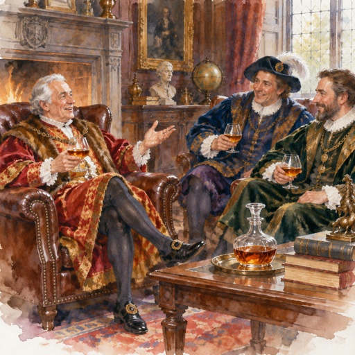 No print dots no speech bubbles vivid colours. Background scene- a contemporary men’s club men’s club for grand one elderly man dressed in ornate Renaissance robes holding a brandy is seated in a leather chair, speaking to two other men sitting opposite him, both dressed in ornate Renaissance robes one is wearing a hat. The other has a beard. Both are holding glasses of Brandy and smiling.