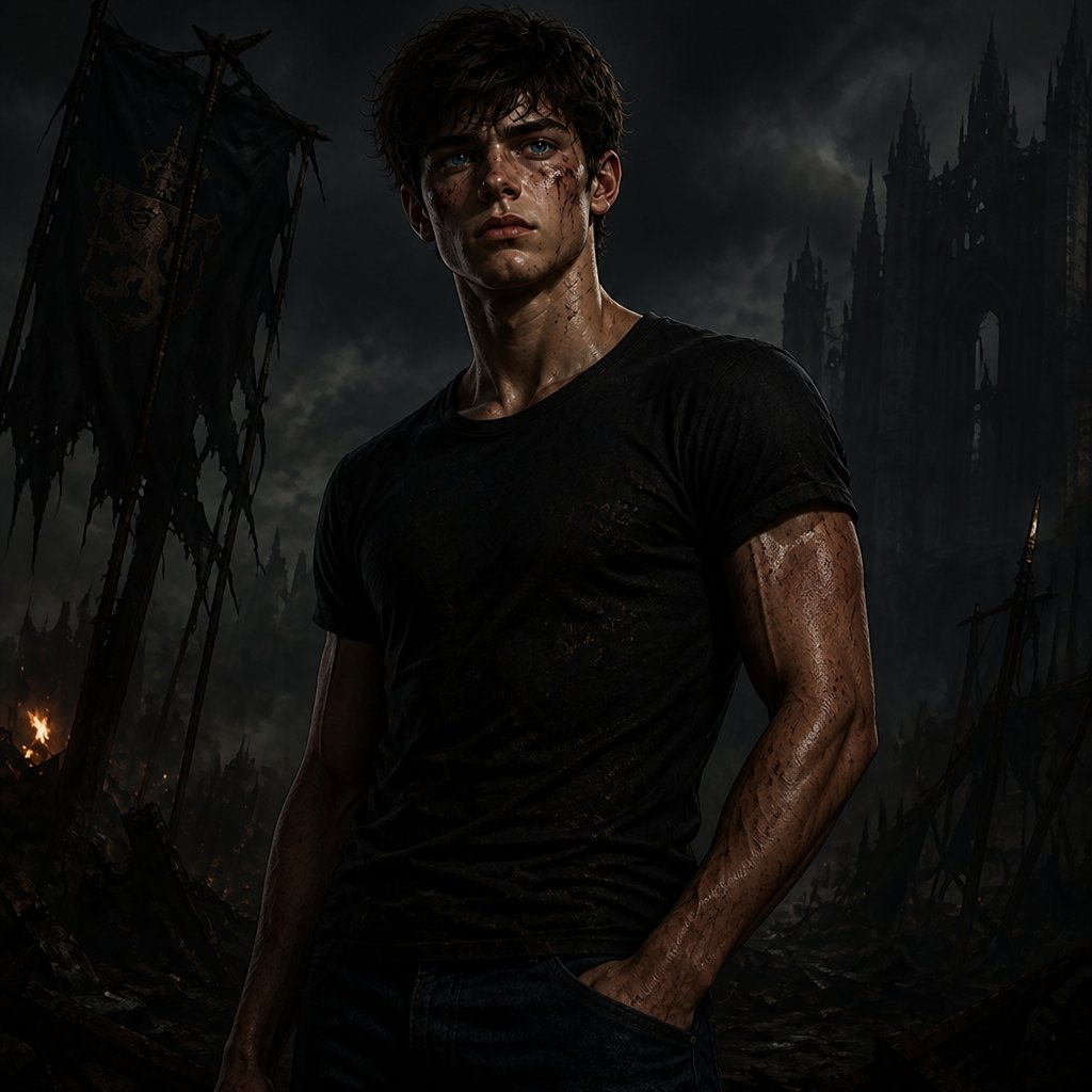 a man standing in front of a dark castle