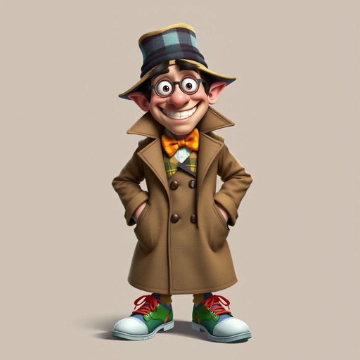 Create a character who is a goofy looking detective, who is confident. But funny looking. With cool shoes on.