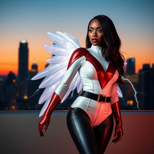 African American female superhero with shoulder length hair in a side part style and wings made of white lightning wearing a slightly homemade  white red and black suit with black pants with a stylized V as her chest emblem wearing red flat boots made of gold standing in Philadelphia at dusk