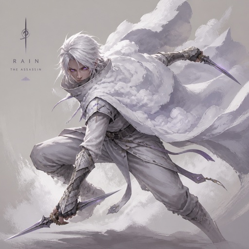 assassin based on clouds, name rain, pearl white hair, pearl purple eyes, cloud cape