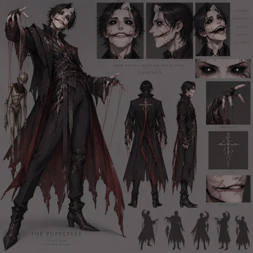 Male villain with puppeteer powers, medium length black hair, white streak in hair, cool villain clothes, completely black eyes with white pupils, scars, insane, unusually long mouth