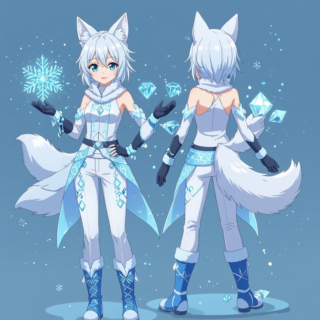 A pale teenage girl with a height of 5’1. Aqua green eyes wearing a white top and trousers with gleaming blue snowflakes and diamonds. Short white hair with a snow fox tail and ears. Wears long gloves and boots conducting ice