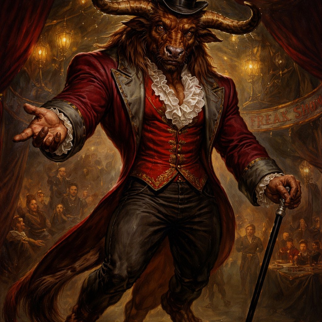 A captivating chestnut brown male Minotaur that’s 6 1/2 feet tall with well~proportioned figure/body with deep set cattle like brown eyes, large powerful gleaming horns like his fathers, a , long tail. He works at freak show as the ringmaster and his abilities are Reality Rejection, Time Manipulation (Chronokineses), Zoolingualism (Language of Cattle only), Human Speech. His outfit consists of a crimson tailcoat, frilly shirt, stunning grey blazer, black pants and top hat.
