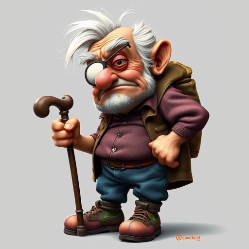 Create a grouchy funny old character who has 1 eye patched. Make him fat with a cane. Show his whole character head to toe including shoes 