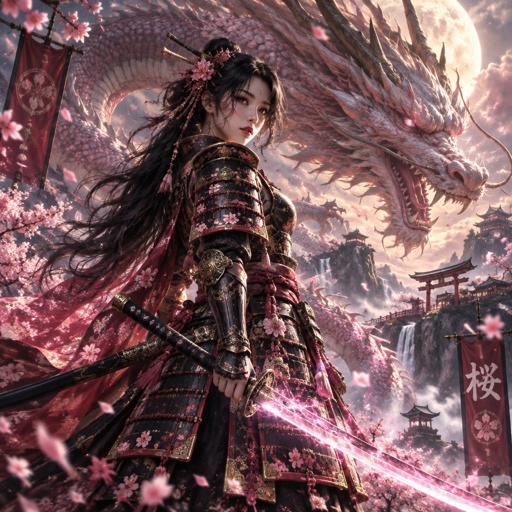 A gorgeous Asian Samurai named cherry blossom with real sexy samurai armor, a giant dragon in background 