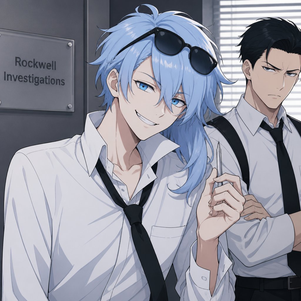 Agent Rockwell He’s average height has very poof up messy hair half side longer and drooped down his hair is a light blue his skin color is white,has very bright blue eyes,wears a suit most times his tie is loose and he doesn’t usually wear his jacket and his collar to his shirt is usually uneven, wears sunglasses on his head He’s know for his mischievous and reckless behavior though when it comes to important missions he takes it very seriously he is one of the best agents they have His partner he works with is a very serious and very organized the opposite of Rockwell and can get very annoyed by Rockwell’s behavior he tends to say to Rockwell “ why can’t you take anything seriously “ Rockwell replies “ I do tackle things seriously when it’s needed” Rockwell then laughs