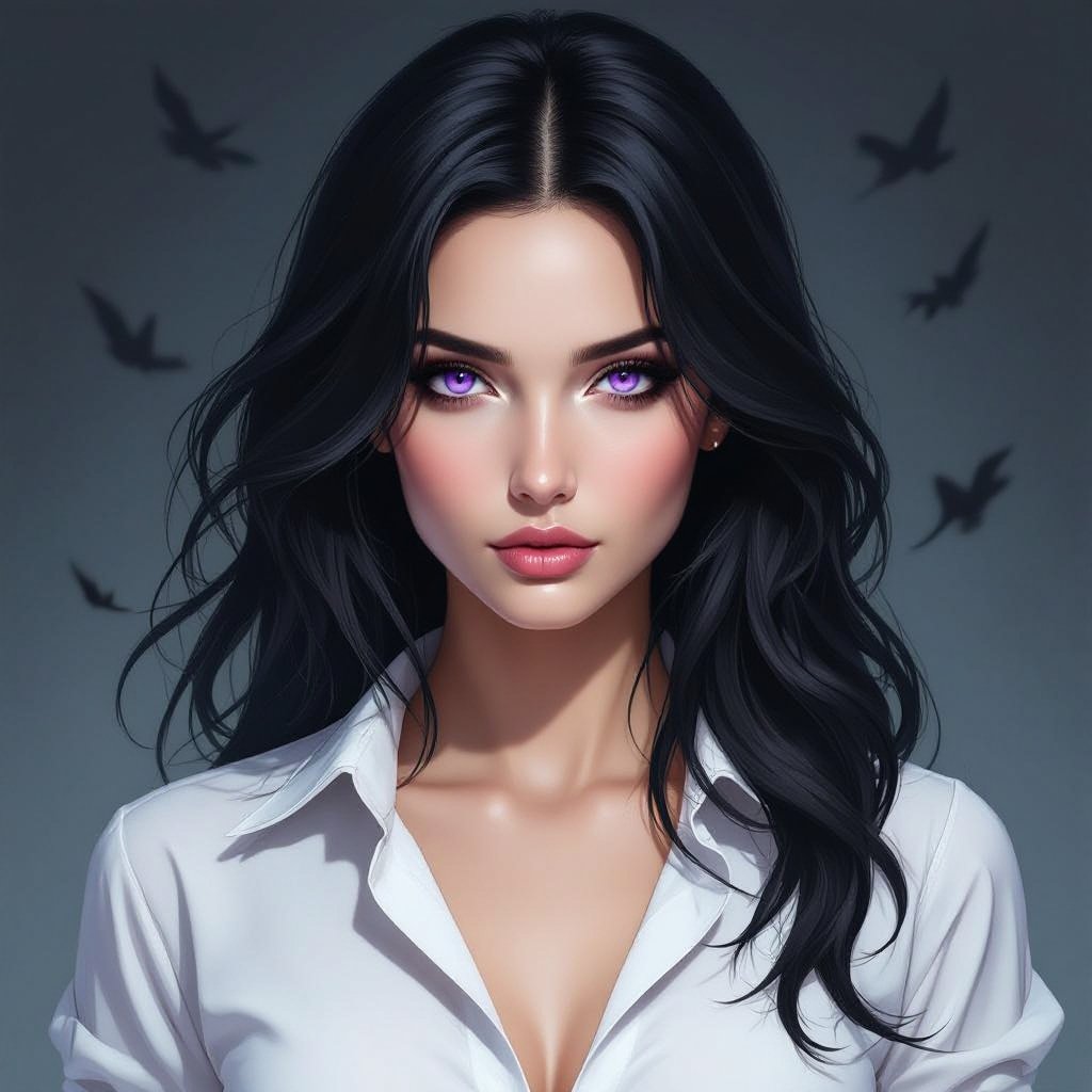 Show her entire body. Create mysterious woman jet-black hair is cut sharp to her jawline, and her violet eyes seem to pierce through darkness. A shadowy aura clings to her form, faint shapes shifting and flickering behind her like whispers of another realm. Show whole body head to toe