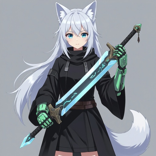 A pale teenage girl wearing black, has medium white hair, has large fox ears and a fluffy tail and a dark green and brown right robotic hand holding a sword of ice with a greyish background