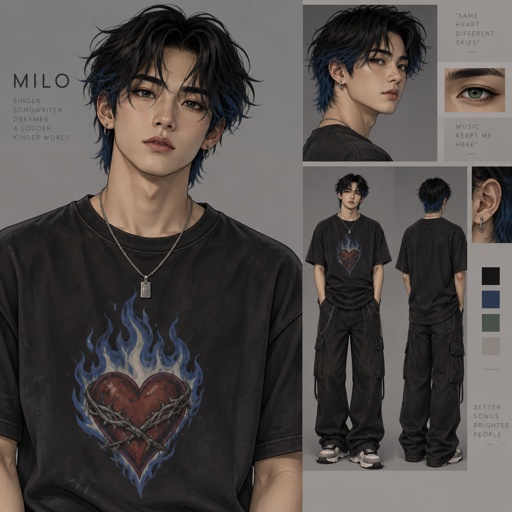 Male,Milo,Asian and American,black hair with tips died that look like a fire blue,dark green eyes,two ear piercings on the left side,wears a shirt with a hart on fire in the middle,is a singer 