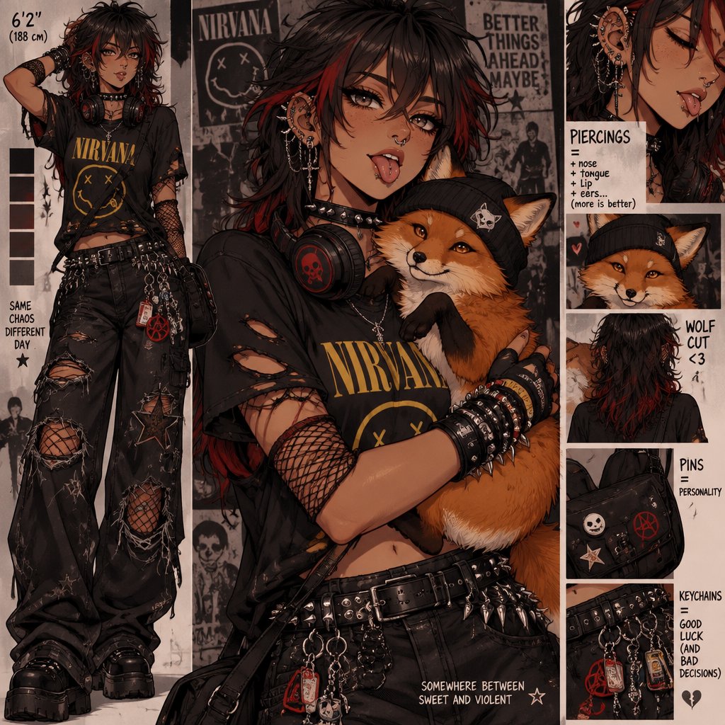 tan 6"2 female with a black with red grunge wolf cut spicky choker nirvana tshirt with rips in the sleeves net arm and leg tights baggy black star grunge jeans with rips alot of punk braclets black grossbody bag with pins nose tongue lip and alot of ear piercing a spicky belt with alot of keychains headphones around her neck and her holding a orange fox with a black beanie on it
