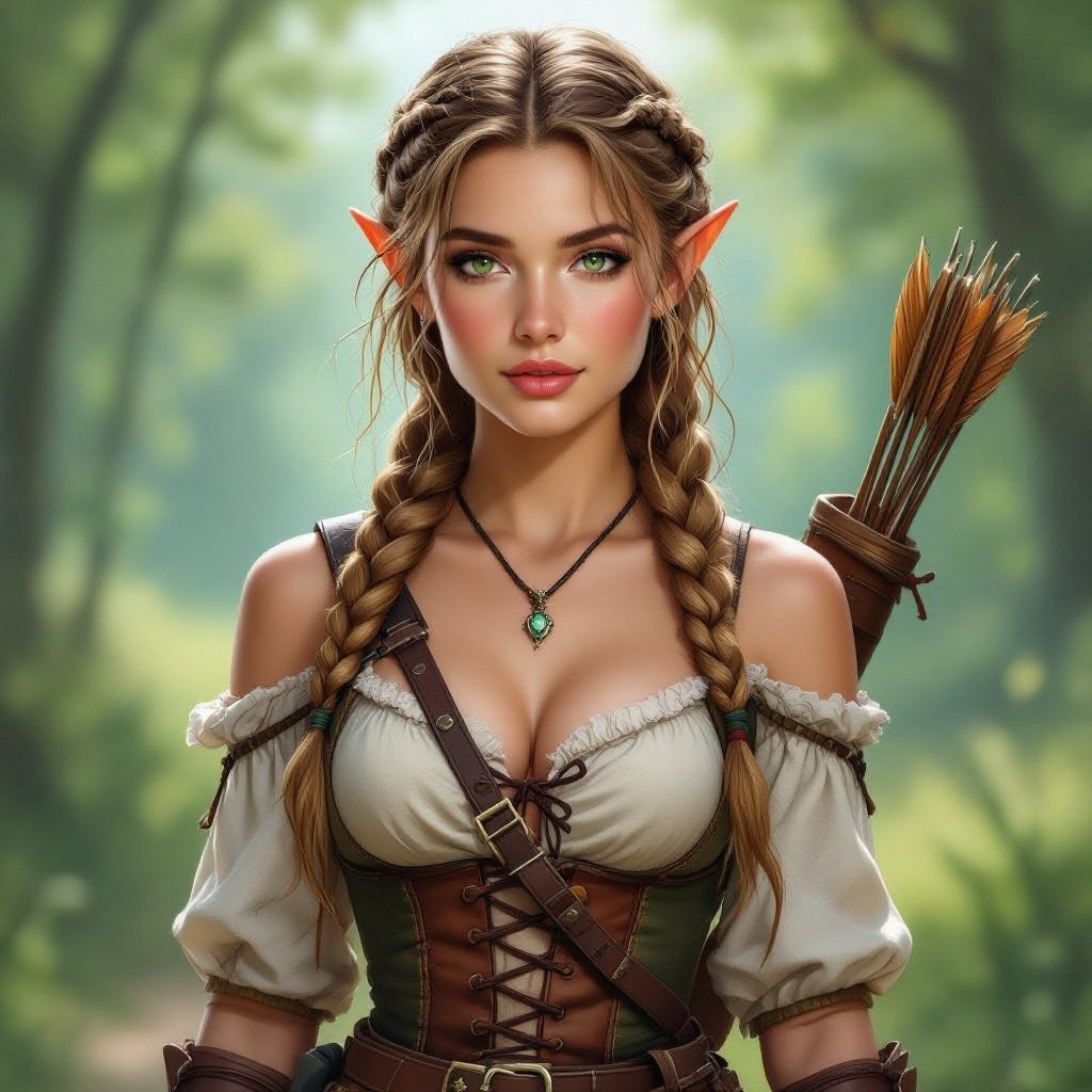Young adult half elf woman. Dark blonde hair that's braided into one thick braid that comes over her shoulder. Delicate beauty, bright hazel green eyes, blushed cheeks, and plump supple lips. She's wearing cloth and leather in various earth tones, with a corset that emphasis her exposed chest cleavage. She has a scimitar in a scabbard on her belt; as well as a shoulder holster for a spell book. She has a longbow in her hand and a quiver on her back.