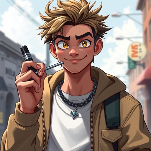 Create a funny cocky character named vaping Kenny, not smoking a car just holding one and thinking he is the man