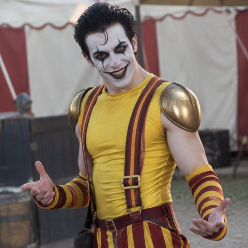 Male, white painted skin, black slick spiked back hair, one hair strand on forehead, completely black eyes, one red one yellow pupil, one black spike under eyes, black lines above lines under eyebrows, big smile, sleeveless yellow shirt, red suspenders with yellow stripes baggy, red and yellow striped arm warmers, plain gold shoulder pads, small brown sack attached to belt, posing