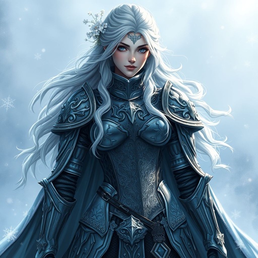Create a battle woman hero called Alvara the Frostheart. Show full body head to toe including shoes