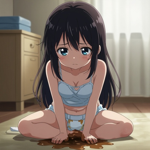 a 14 year old anime girl who is pooping in a diaper messy diaper with it visablely brown