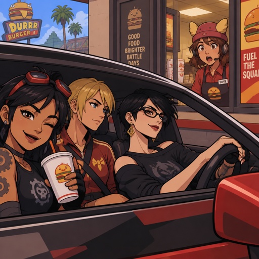 Jules from Fortnite, Samus Aran casual clothes, Bayonetta from super smash bros short hair, all wearing casual clothes, driving through the drive through, Skye from Fortnite is the server wearing server uniform surprised 