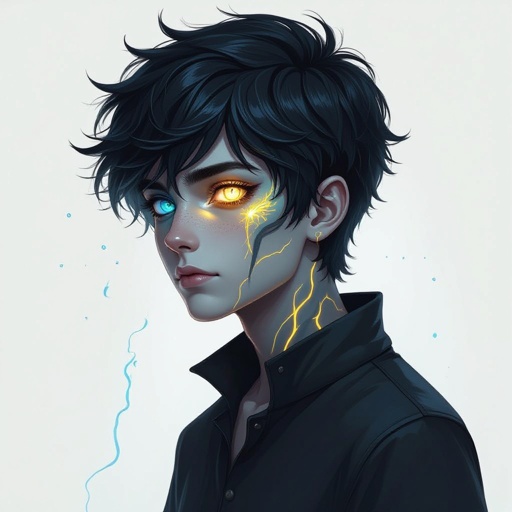 Dark mysterious character teenager boy,with a golden eye and bluish greenish eye with glowing gold veins and deep sea blue vein powers