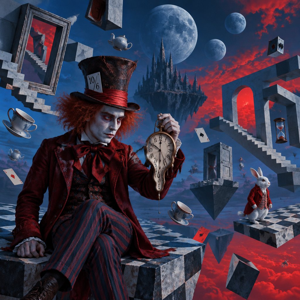 The mad hatter is checking his pocket watch that is going crazy