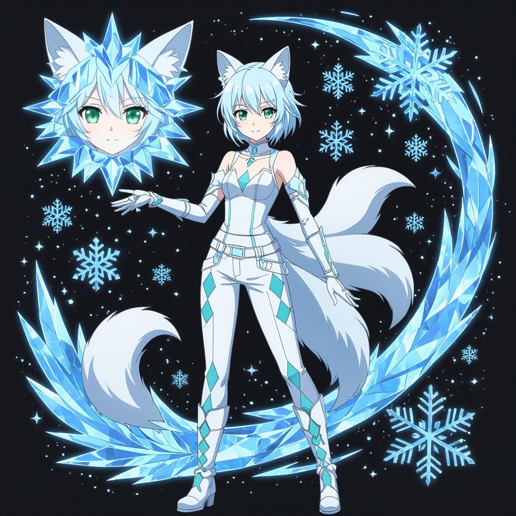 A pale teenage girl. Aqua green eyes wearing a white top and trousers with light blue diamonds. Short white hair with a singular snow fox tail and two ears. Wears long gloves and boots conducting ice with a black background