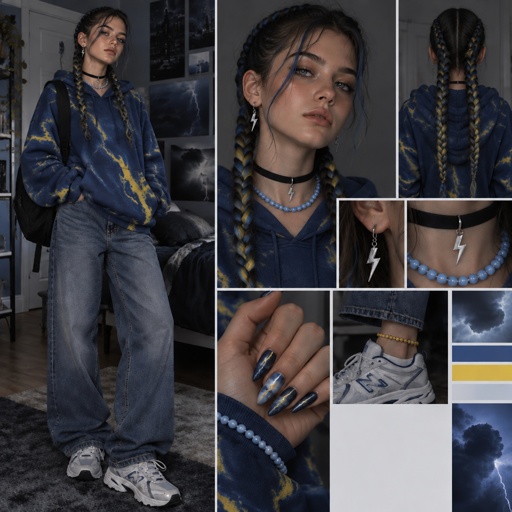 a collage of photos of a woman wearing a lightning necklace