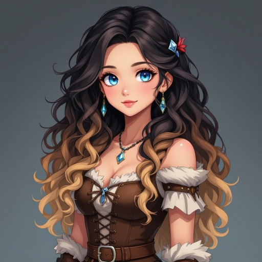 a short tan viking girl that's curvy with crystal blue eyes. Her long hair curly ombré of black, brown, and blonde.