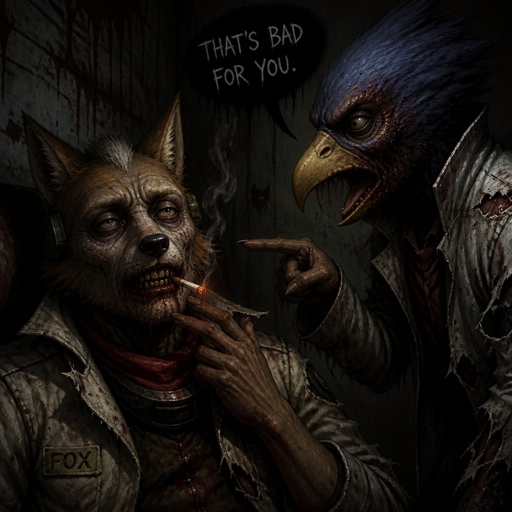 Super smash brothers Fox from star fox as a human, Falco from star fox as a human, fox as a human smoking and Falco as a human scolding fox for smoking saying "that's bad for you"