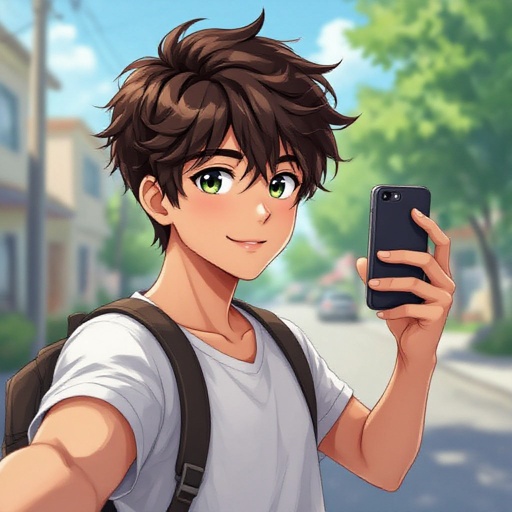 20 year old slim body mexican male character with a medium sized triangled back posing sideways taking a selfie