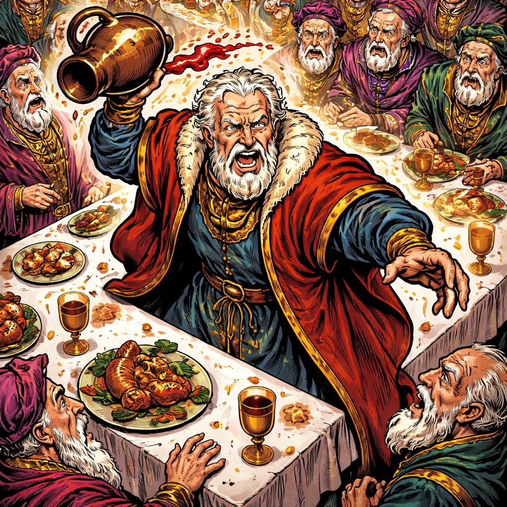 No caricature no speech bubbles highly realistic, an old man in Renaissance. Robes is standing on a table about to throw a jug of wine onto the ground around him. Other very wealthy old men in Renaissance rose are looking at him in shock drone view.