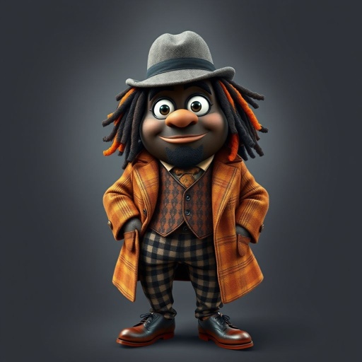 Create a funny fat character similar to Sherlock Holmes, but make him of black decent and with dread locks. Show his whole outfit including his shoes.