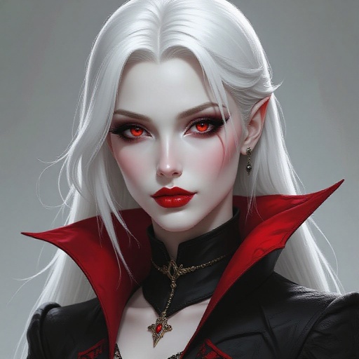 Albino vampire, woman, short skinny, extremely beautiful. The Witcher universe. White hair, white eyelashes, red eyes, no makeup, realistic, porcelain skin. Barefaced 