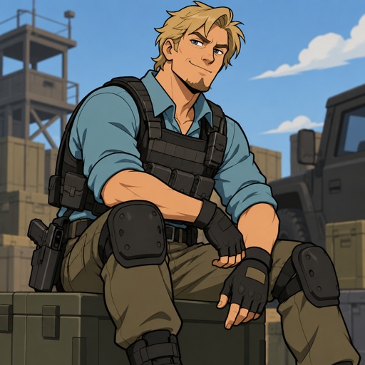 Male, messy blonde hair, all hair brushed to the side, hair in middle of forehead, chin hair, smirk, cyan shirt, bulletproof vest, fingerless gloves, knee pads, belt with gun