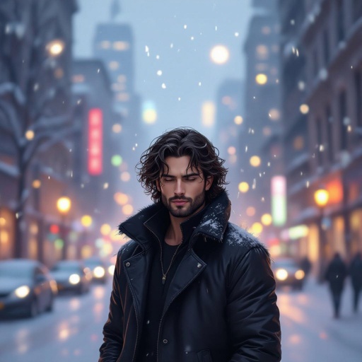 Mężczyzna o długich, kędziarzawych,  ciemnobrązowych, włosach. z krótkim zarostem.  ciemne oczy. Ubrany w czarną futrzaną kurtkę. Wąskie usta. Bez kolczyków. Pyzaty. Przymknięte oczy, blady