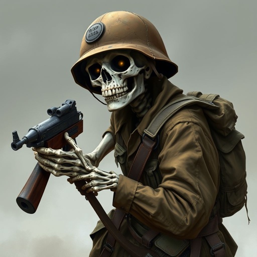 A American skeleton in world war2 with a rifle