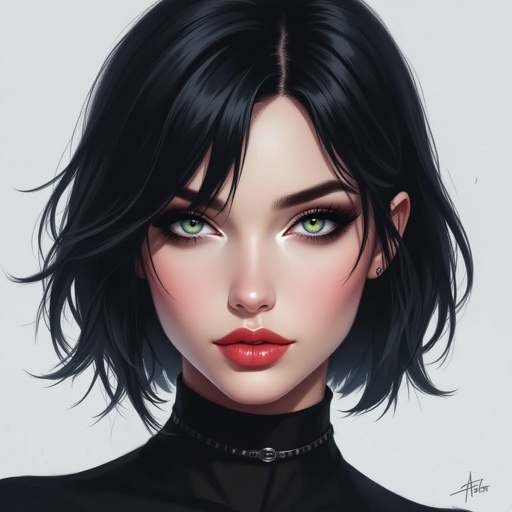 Create hero woman jet-black hair is cut sharpand her eyes seem to pierce through darkness. A shadowy aura clings to her form,