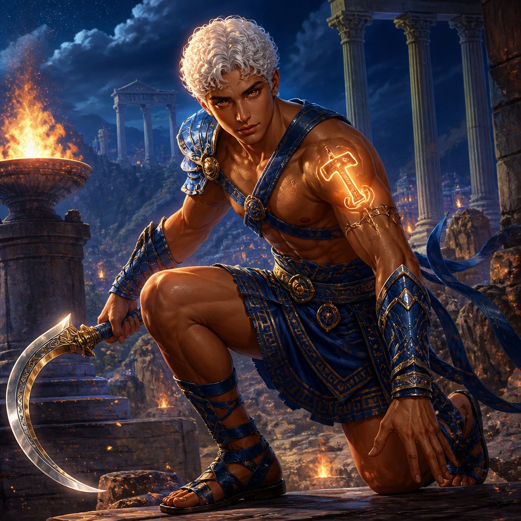 young Greek tanned man with short white hair with orange iris wearing Greek style blue leather armor and a pair blue leather sandals wielding a sickle with glowing tattoo of hammer on his right shoulder