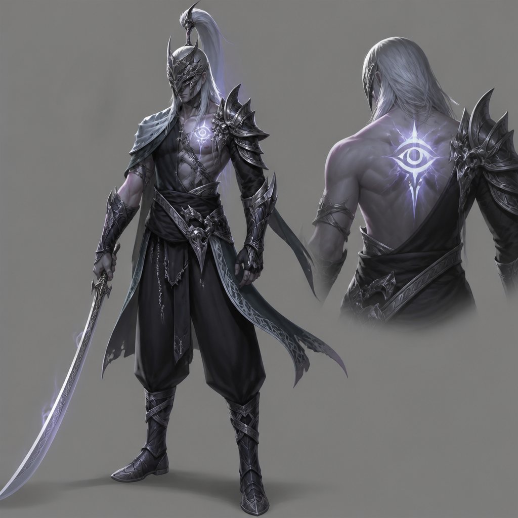 assassin, long curved sword, crested helmet, dark silver armor, luminous lord, baggy pants, eye of the storm mark, silver hair